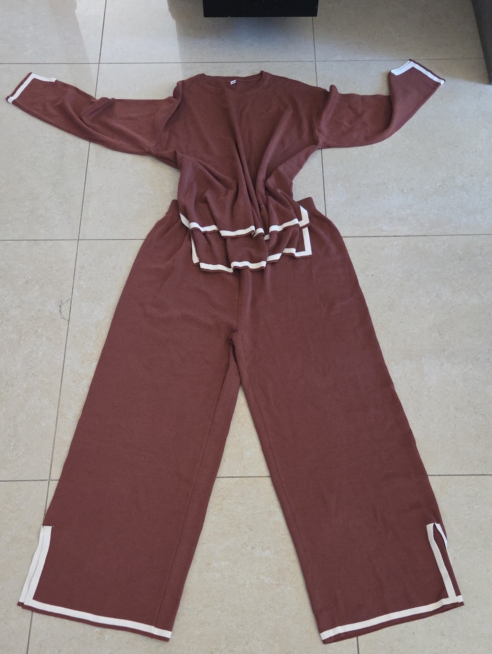 Women's Wide-Leg Knit Jumpsuit in Brown with Contrast Trim